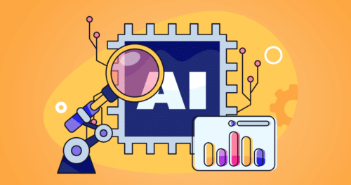 A magnifying glass over a computer chip with the word "AI" over it as well as a small graph.