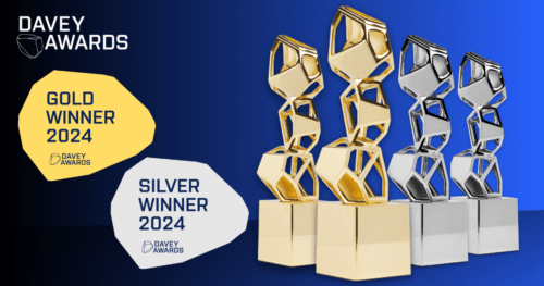 Davey Awards trophies with "Gold Winner 2024" and "Silver Winner 2024" badges on a blue gradient background.